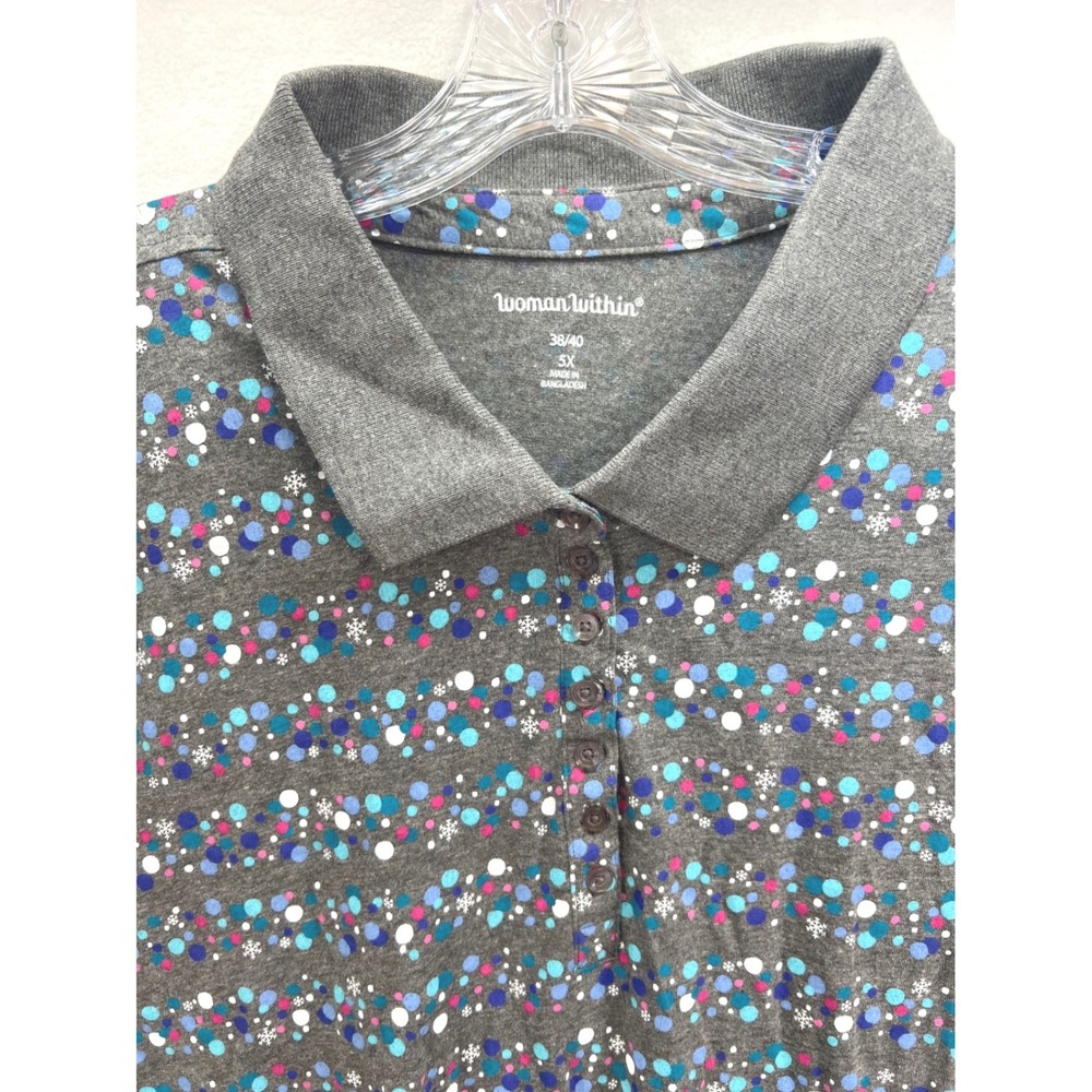 Woman Within Womens 5X Gray Polka Dot Snowflake Short Sleeve Polo Shirt